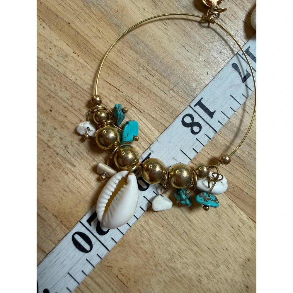 Hoop Earrings Gold Turquoise‎ Shell Bohemian Coastal Beachy Statement